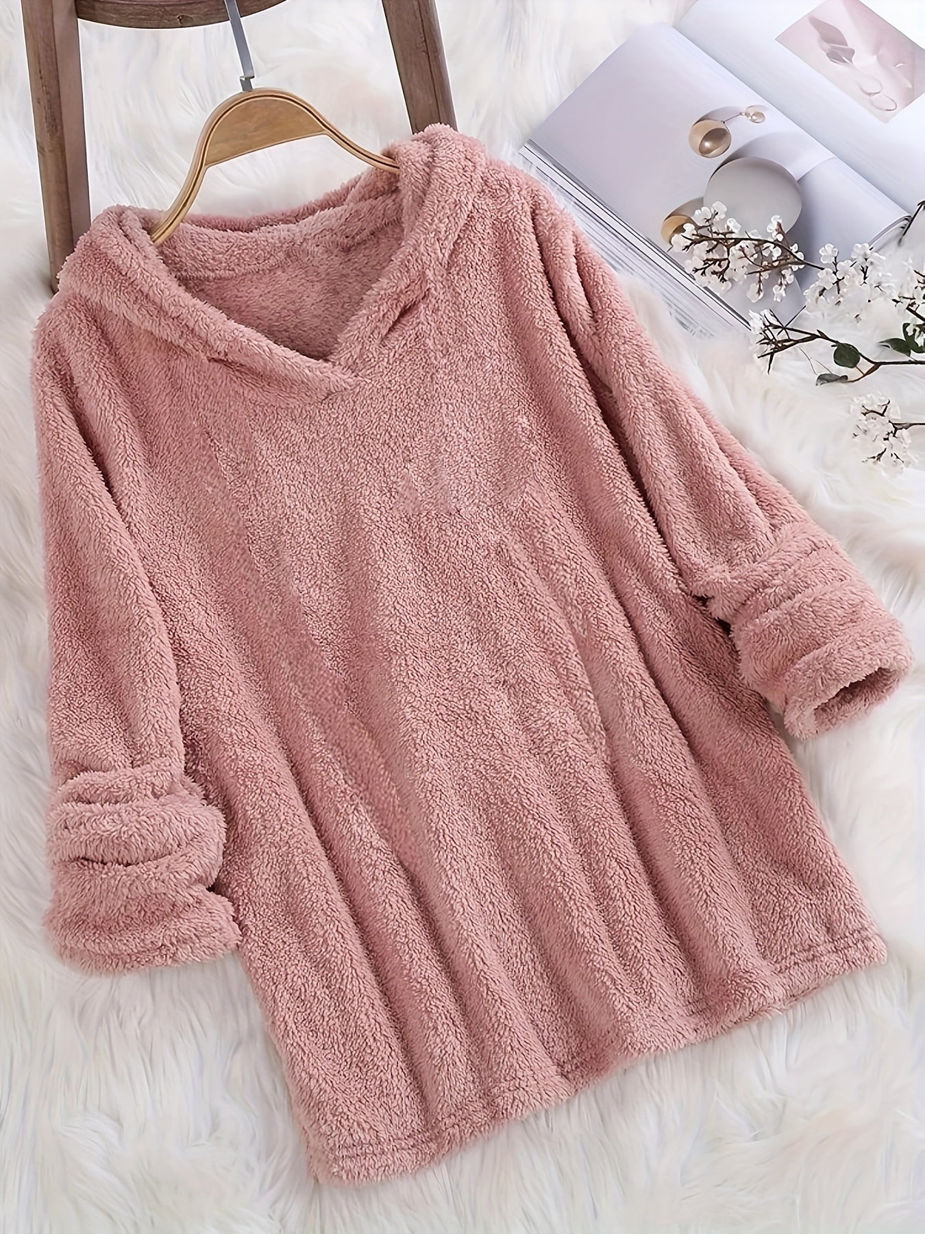 Fleece Solid Hoodie, Casual Long Sleeve Hoodies Sweatshirt, Women's Clothing