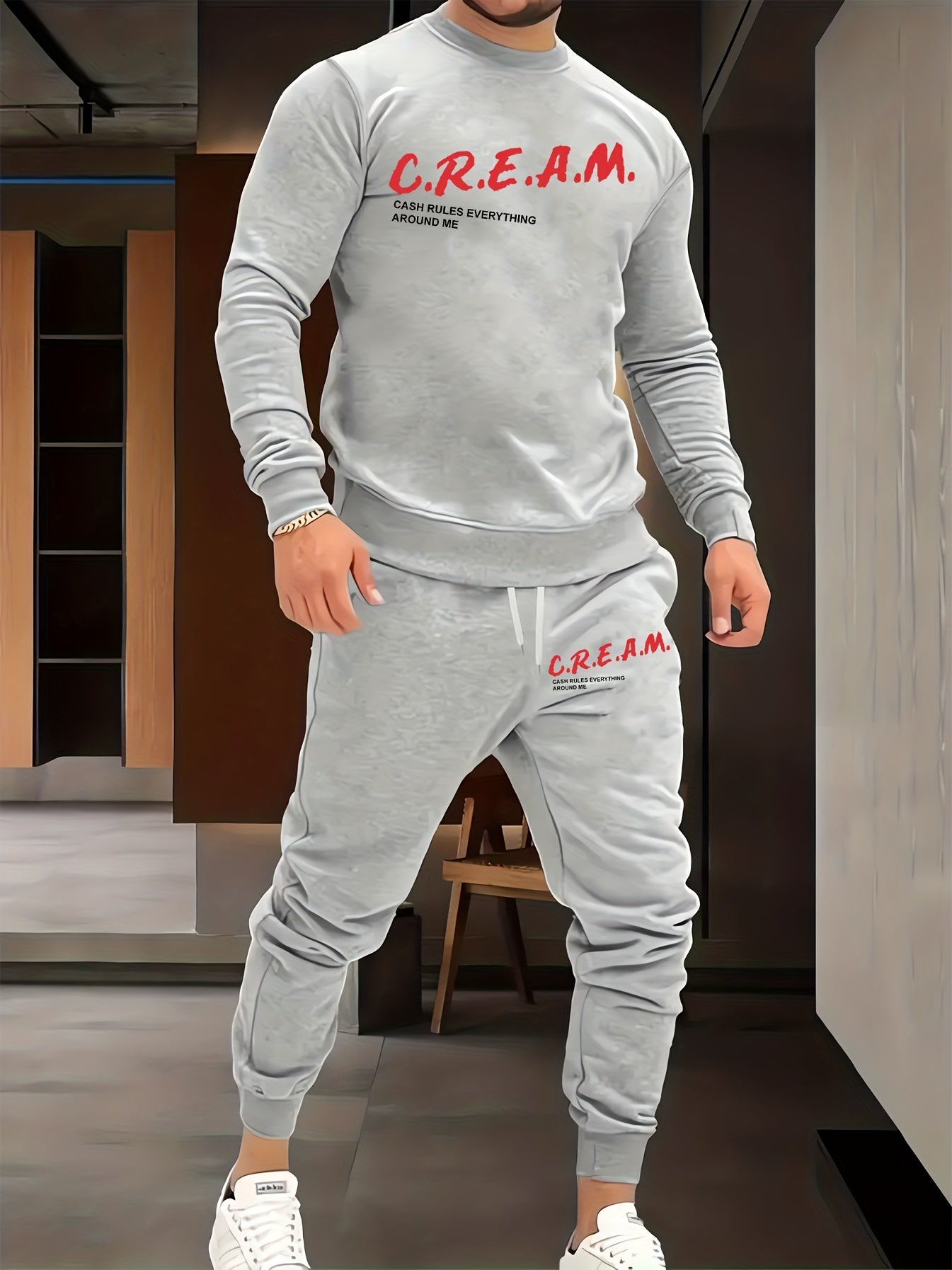 2Pcs Trendy Cream Letters Print Outfit Set - Soft Casual Hoodies Long Sleeve Hooded Shirts Pullover Sweatshirt, Drawstring Sweatpants Joggers for Spring Fall - Men's Comfortable Clothing for Everyday Wear