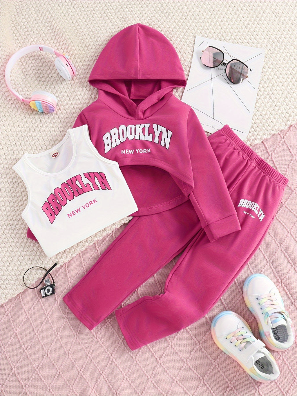 3pcs BROOKLYN Print Outfits Girls Hoodies + Tank Top + Jogger Pants Set Sports Spring Fall