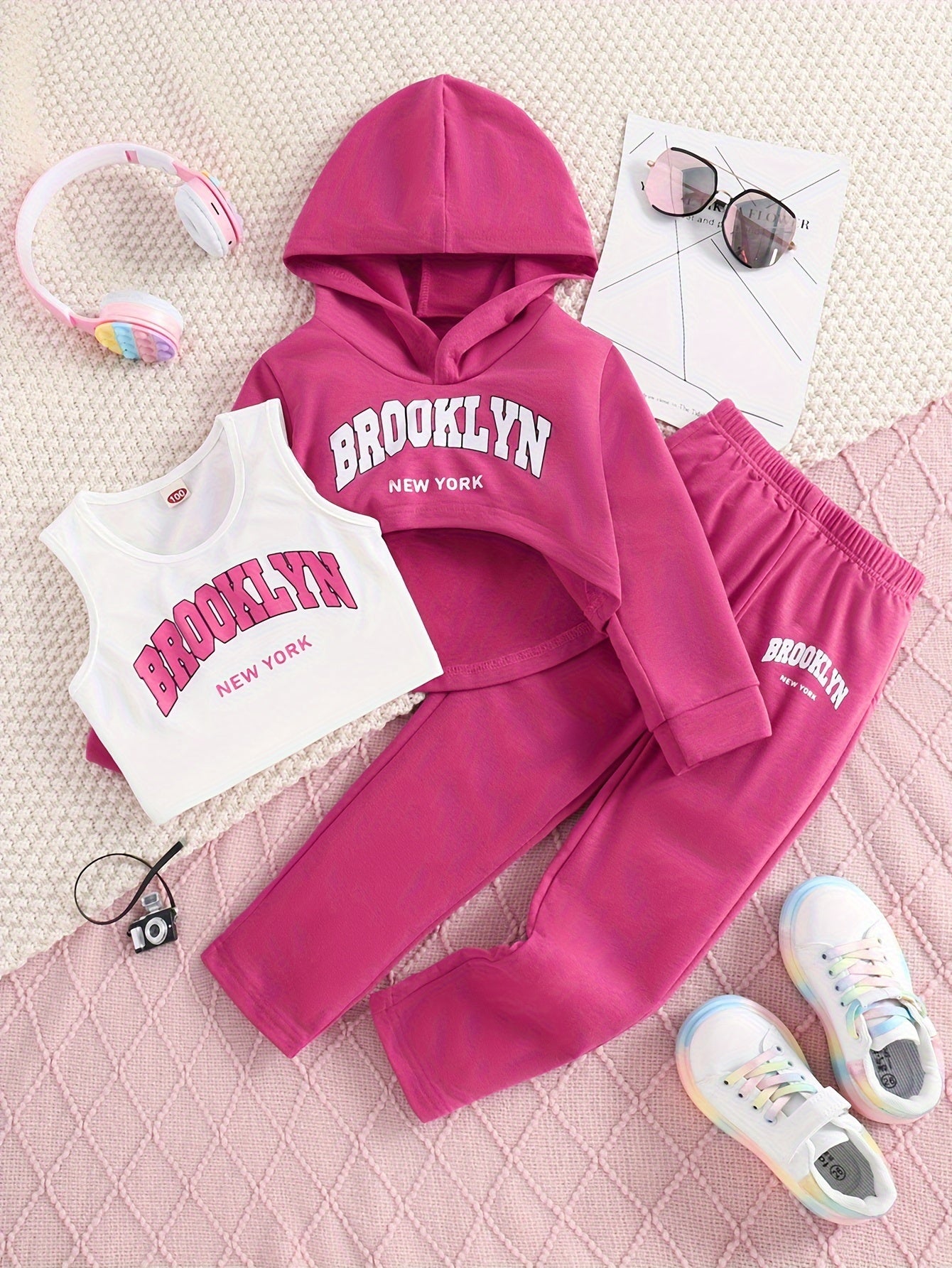 3pcs BROOKLYN Print Outfits Girls Hoodies + Tank Top + Jogger Pants Set Sports Spring Fall