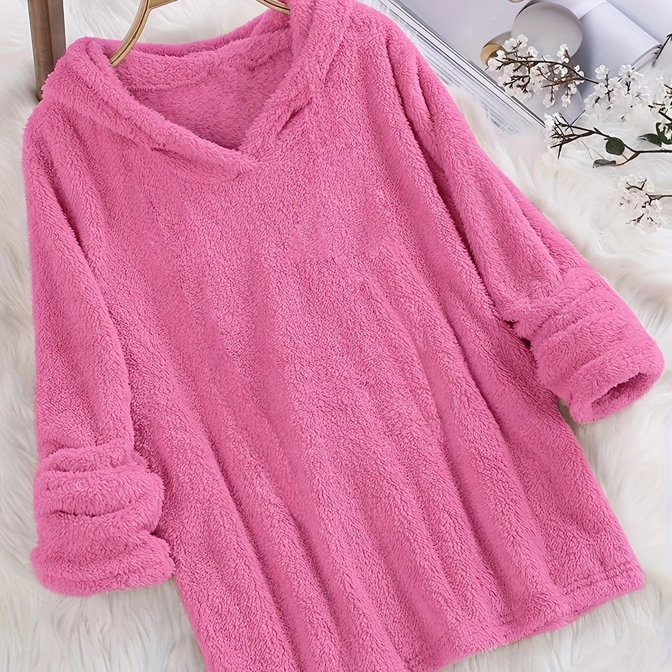 Fleece Solid Hoodie, Casual Long Sleeve Hoodies Sweatshirt, Women's Clothing