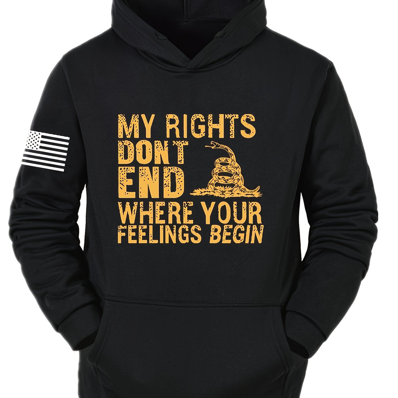 Plus Size Men's Drawstring Hoodies, "My Rights Don't Stop Where Your Feelings Begin" Graphic Print Sweatshirt For Big & Tall Males
