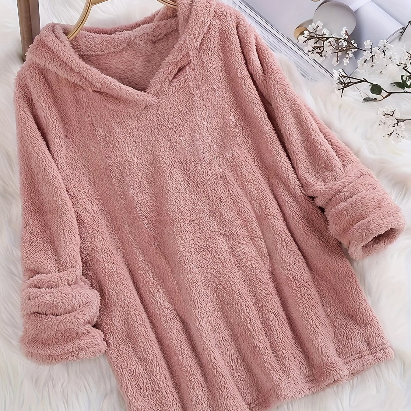 Fleece Solid Hoodie, Casual Long Sleeve Hoodies Sweatshirt, Women's Clothing
