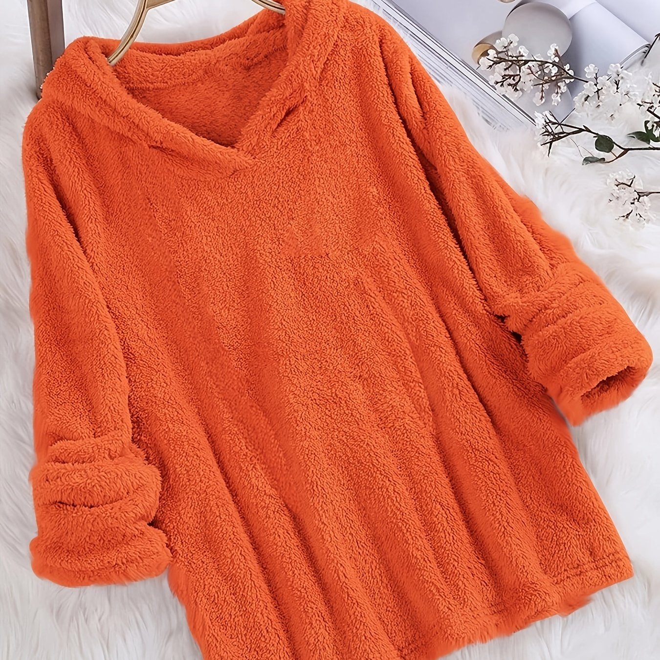 Fleece Solid Hoodie, Casual Long Sleeve Hoodies Sweatshirt, Women's Clothing