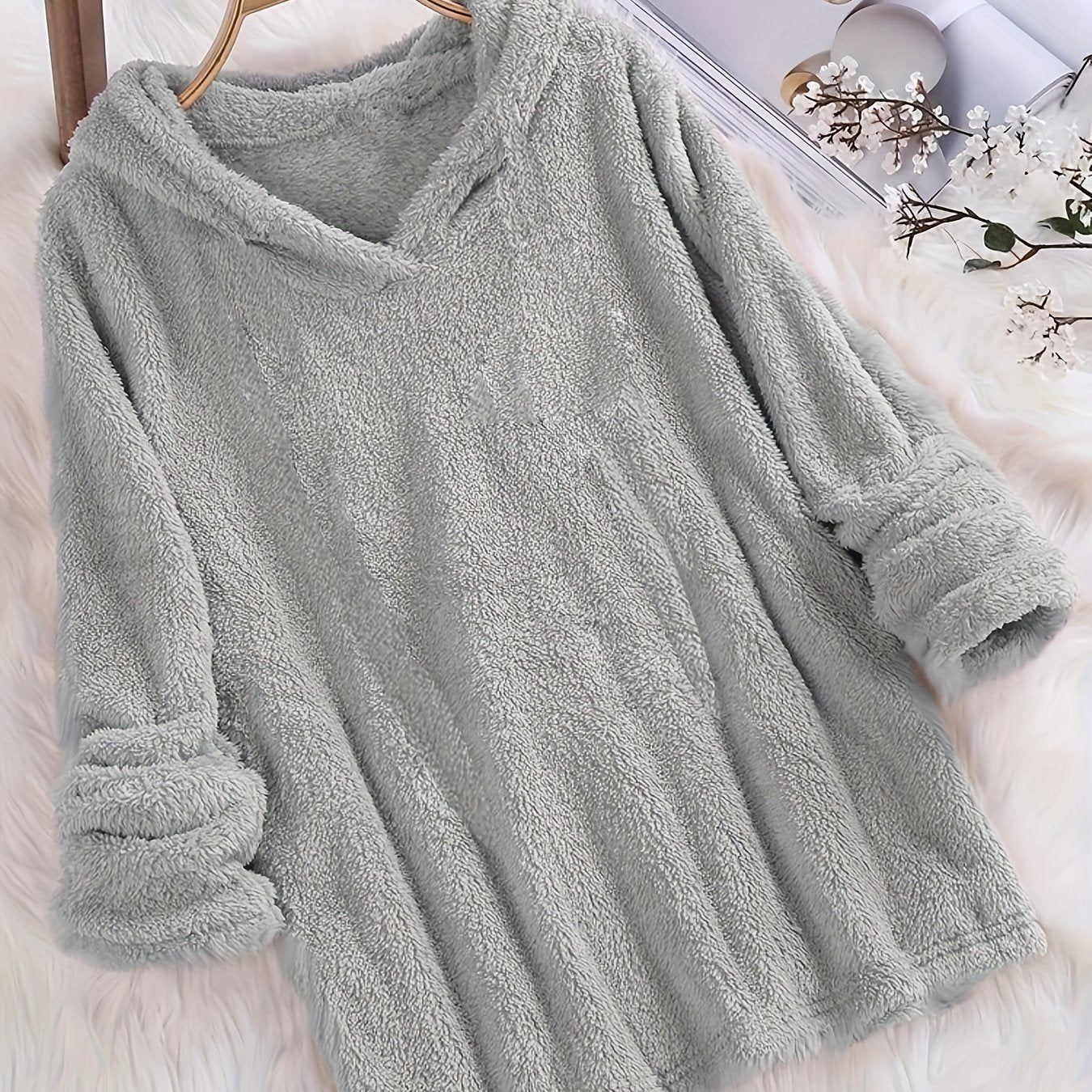 Fleece Solid Hoodie, Casual Long Sleeve Hoodies Sweatshirt, Women's Clothing