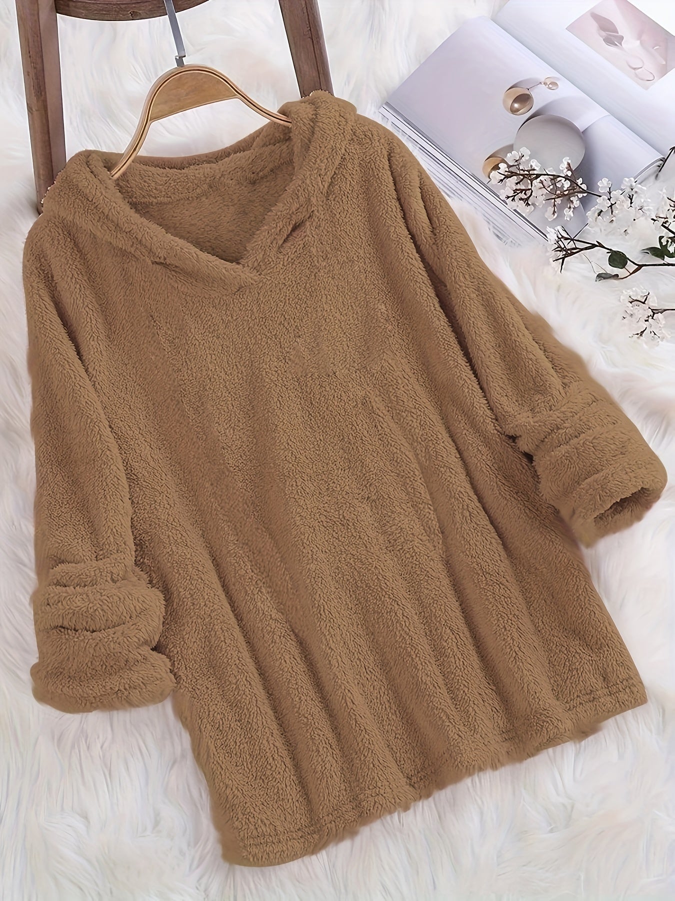 Fleece Solid Hoodie, Casual Long Sleeve Hoodies Sweatshirt, Women's Clothing