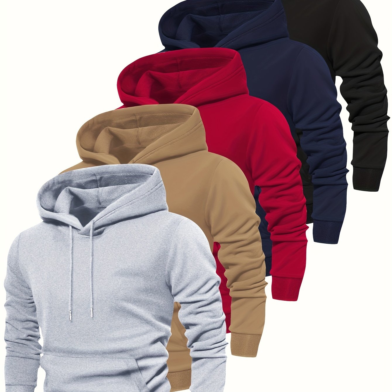 5pcs Fashion Hoodies - Cozy Solid Color Hooded Long Sleeve Sweatshirts with Kangaroo Pocket, Perfect for Outdoors, Casual and Sports Wear, Soft and Warm for Men's Fall and Winter Fashion