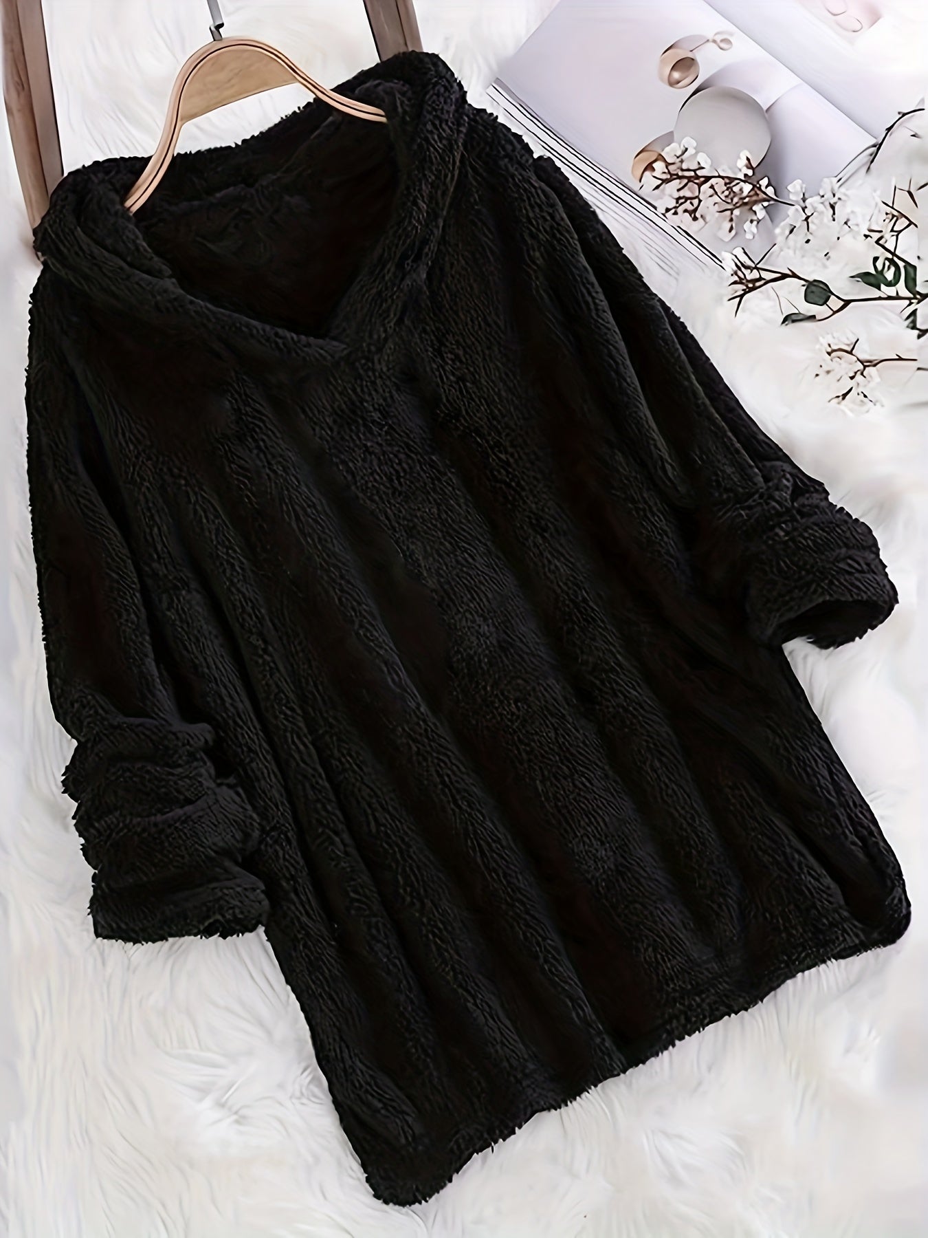 Fleece Solid Hoodie, Casual Long Sleeve Hoodies Sweatshirt, Women's Clothing