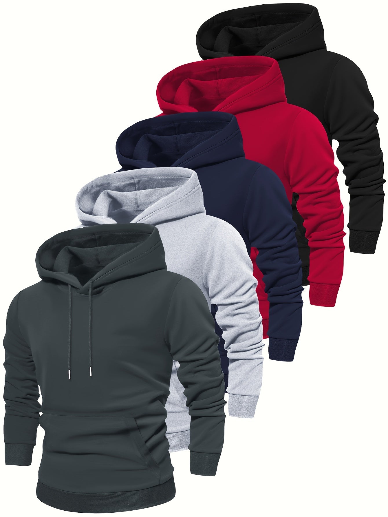 5pcs Fashion Hoodies - Cozy Solid Color Hooded Long Sleeve Sweatshirts with Kangaroo Pocket, Perfect for Outdoors, Casual and Sports Wear, Soft and Warm for Men's Fall and Winter Fashion