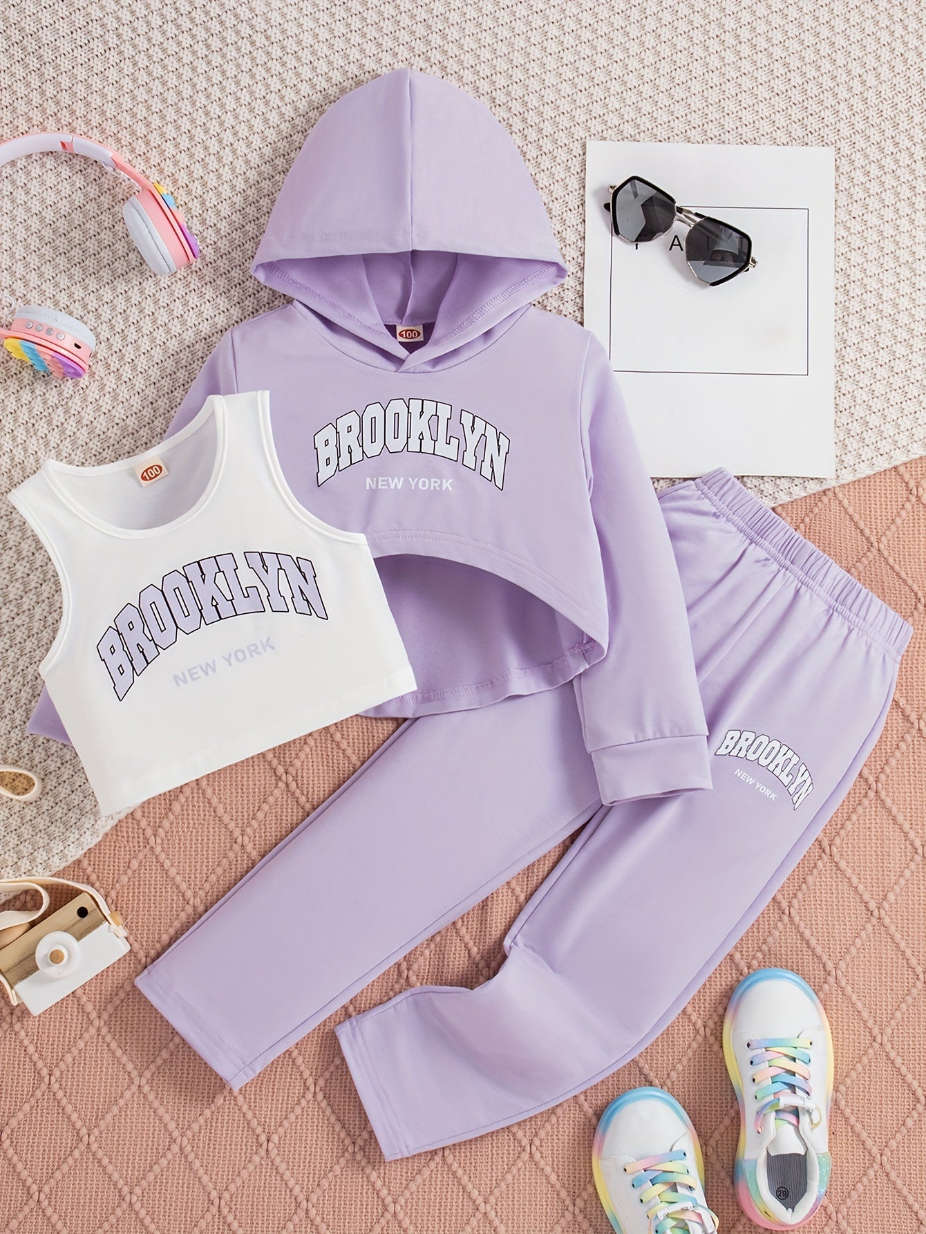 3pcs BROOKLYN Print Outfits Girls Hoodies + Tank Top + Jogger Pants Set Sports Spring Fall