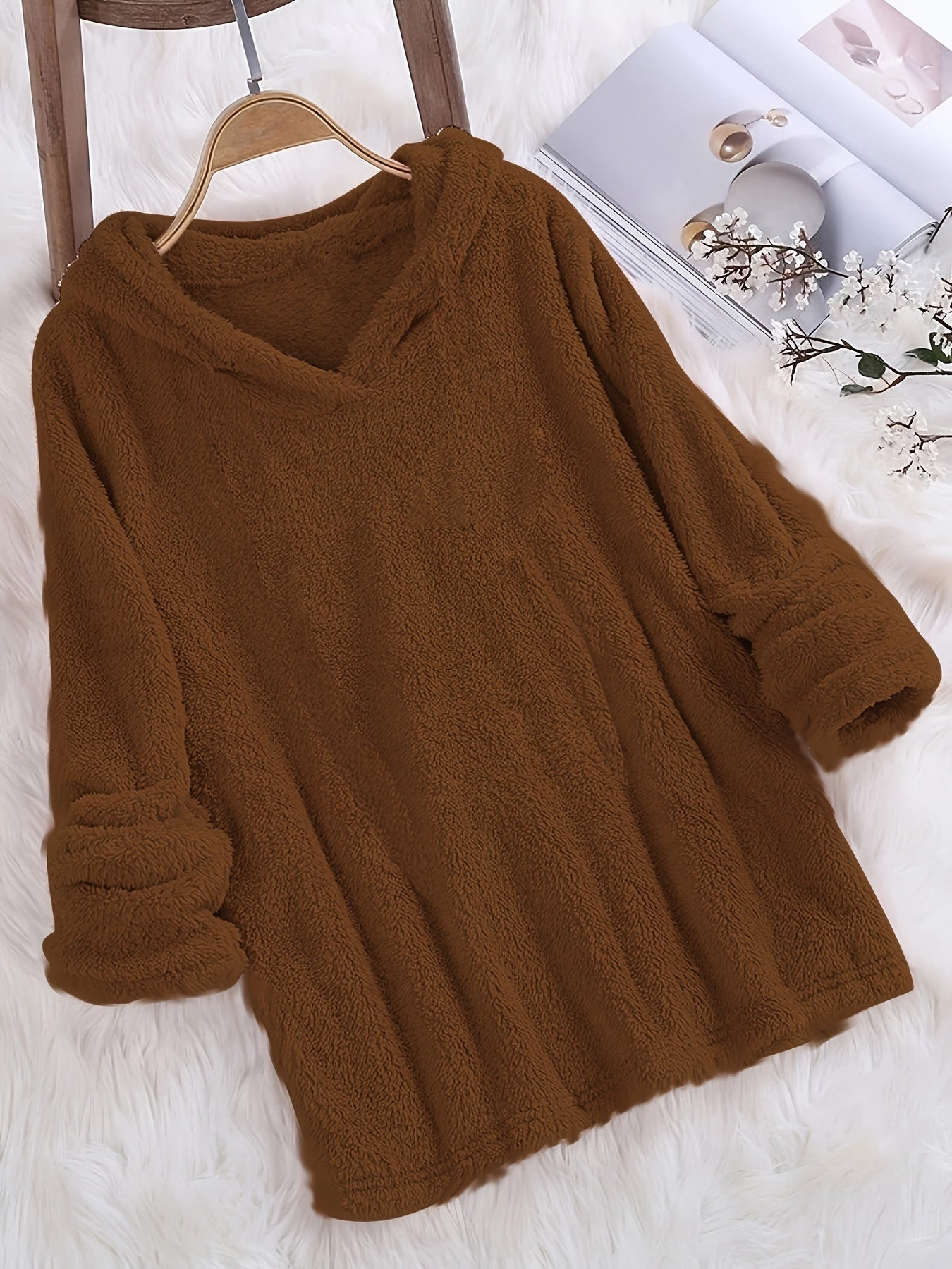 Fleece Solid Hoodie, Casual Long Sleeve Hoodies Sweatshirt, Women's Clothing