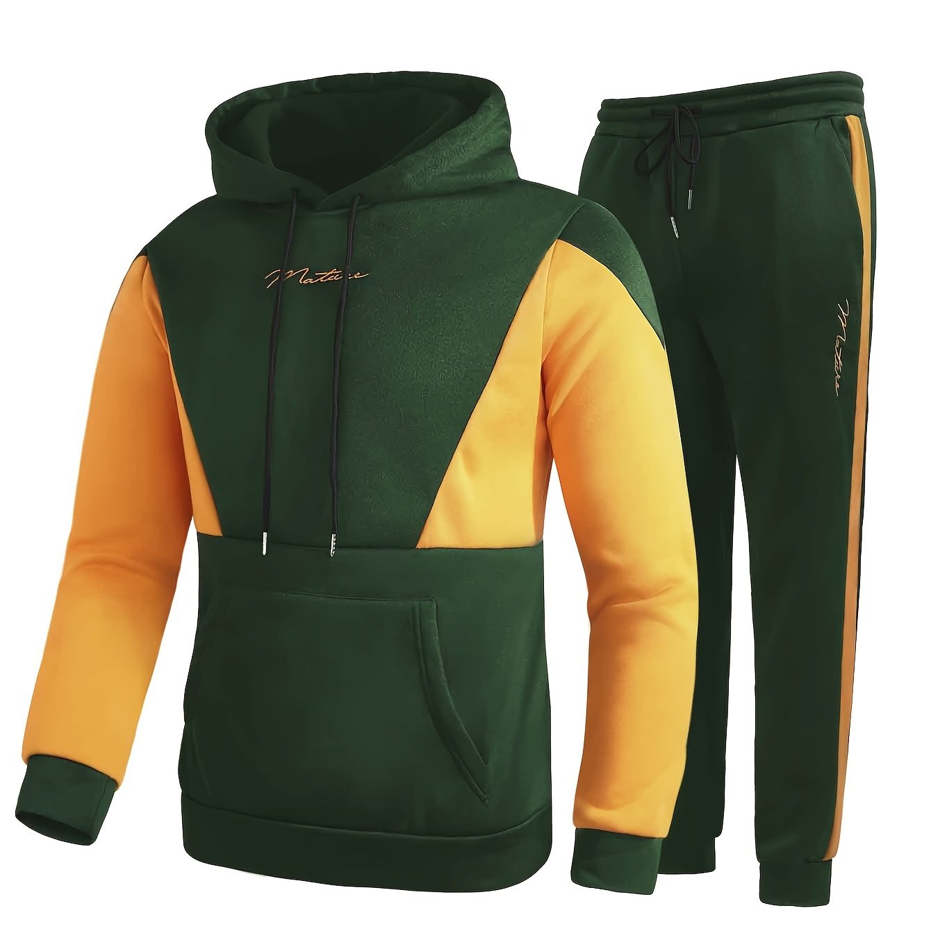 2Pcs Color Block Men's Sweatsuits - Cozy Hoodies Long Sleeve Sweatshirt and Sweatpants Joggers Set for Winter Fall - Soft, Breathable, and Comfortable Men's Clothing
