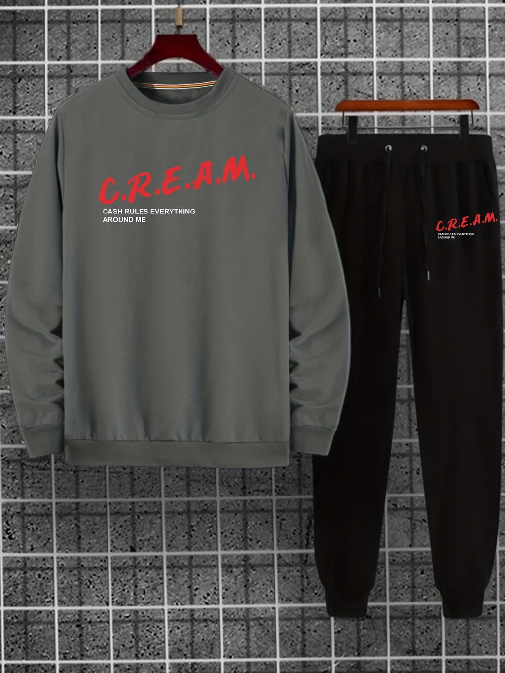 2Pcs Trendy Cream Letters Print Outfit Set - Soft Casual Hoodies Long Sleeve Hooded Shirts Pullover Sweatshirt, Drawstring Sweatpants Joggers for Spring Fall - Men's Comfortable Clothing for Everyday Wear